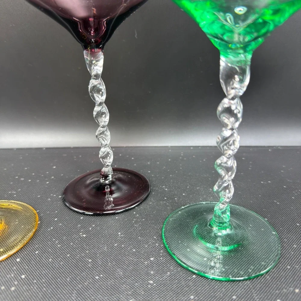 Pier 1 Martini Glasses Set of 3 Twisted Stem Amber Plum Green Barware Glasses